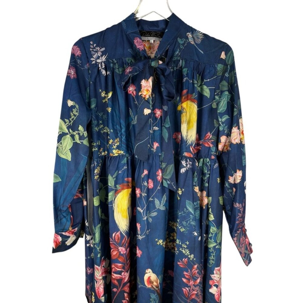 NWT Dalia Macphee Womens Navy Multi Long Sleeve Tie Neck Floral Maxi Dress Sz L - Picture 2 of 15